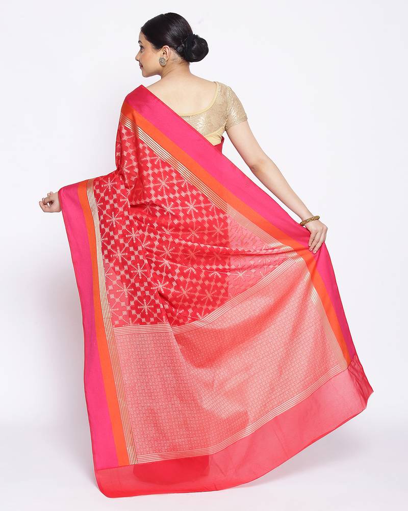 red Silk Blend Banarasi Satan Border saree