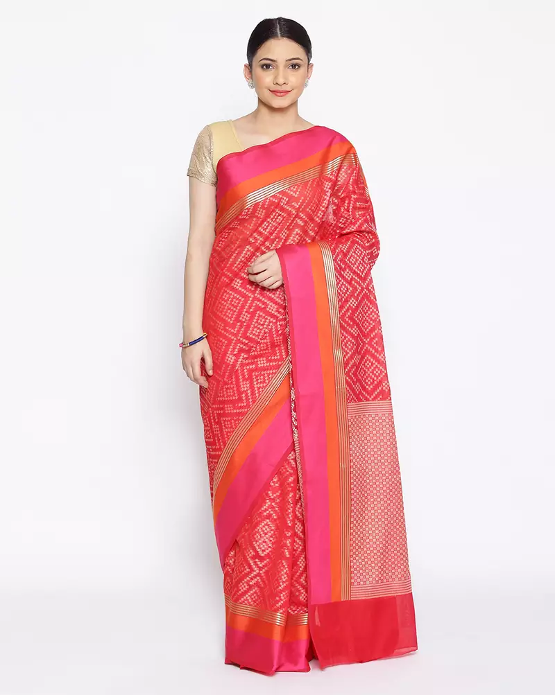 red Silk Blend Banarasi Satan Border saree