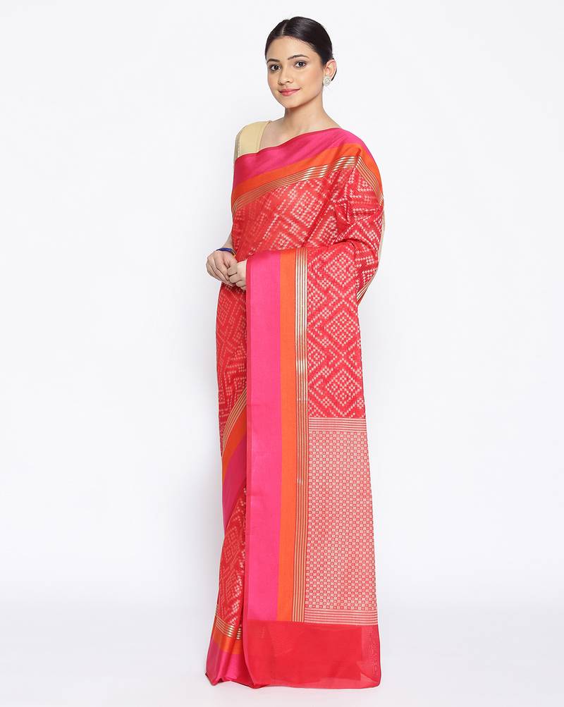 red Silk Blend Banarasi Satan Border saree