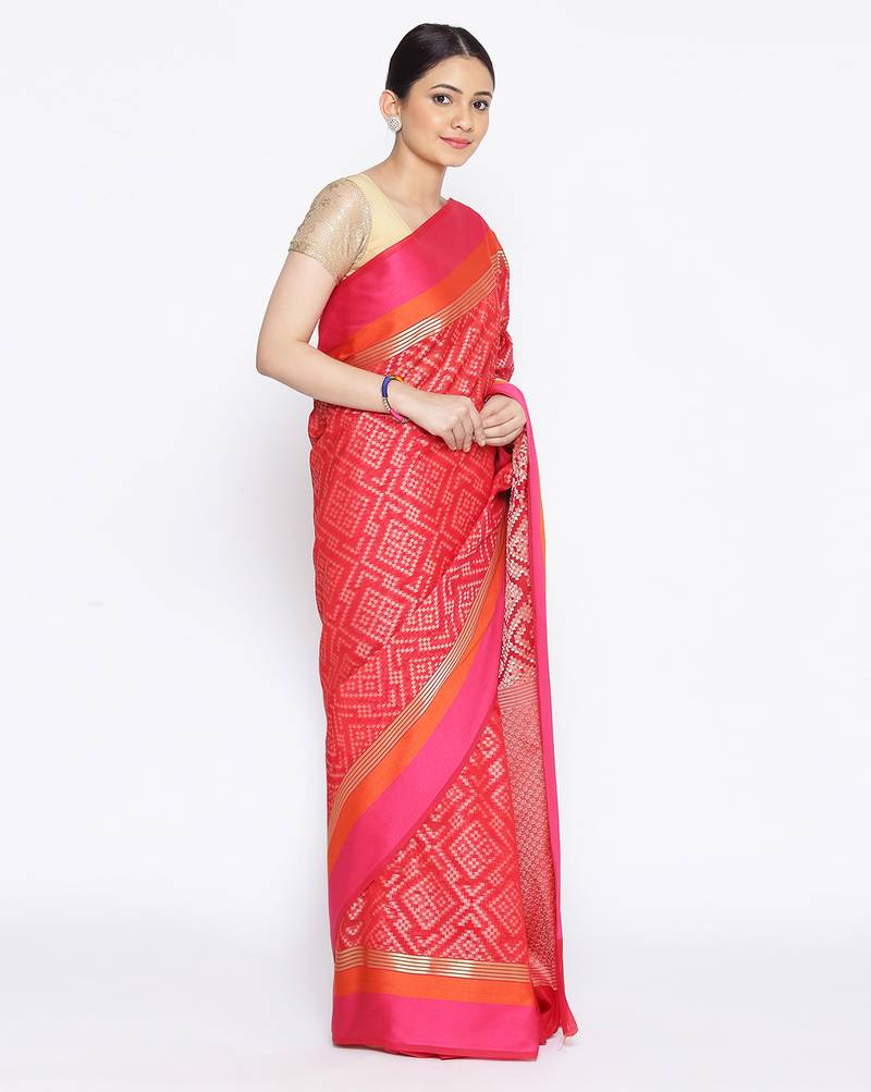 red Silk Blend Banarasi Satan Border saree