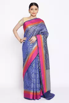 blue Silk Blend Banarasi Satan Border saree