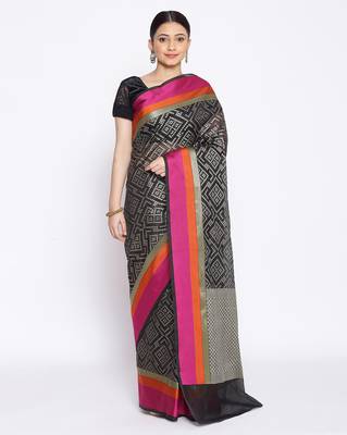 black Silk Blend Banarasi Satan Border saree 1