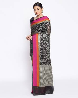 black Silk Blend Banarasi Satan Border saree 2
