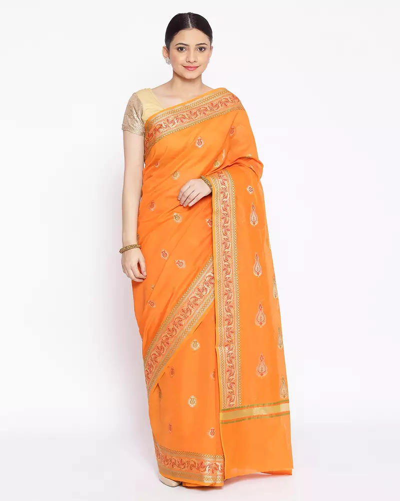 orange Silk Blend Banarasi Meena Boota Saree