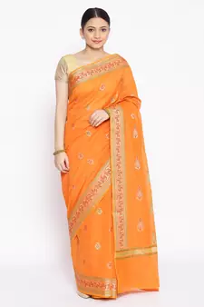 orange Silk Blend Banarasi Meena Boota Saree