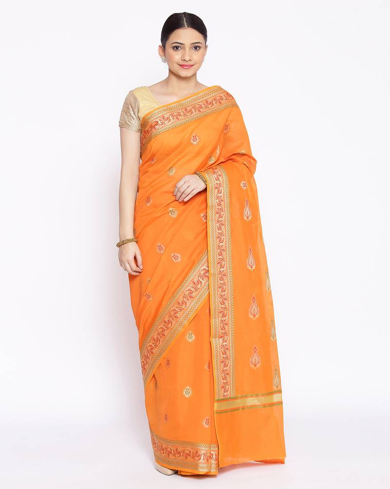 orange Silk Blend Banarasi Meena Boota Saree