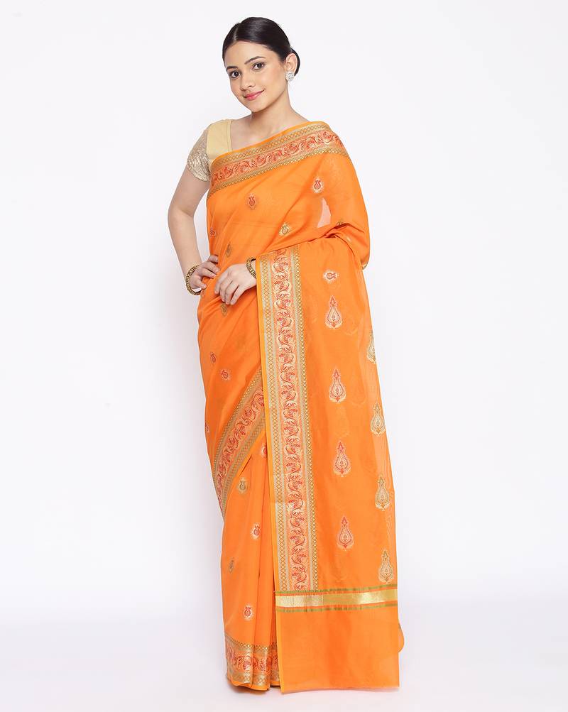 orange Silk Blend Banarasi Meena Boota Saree