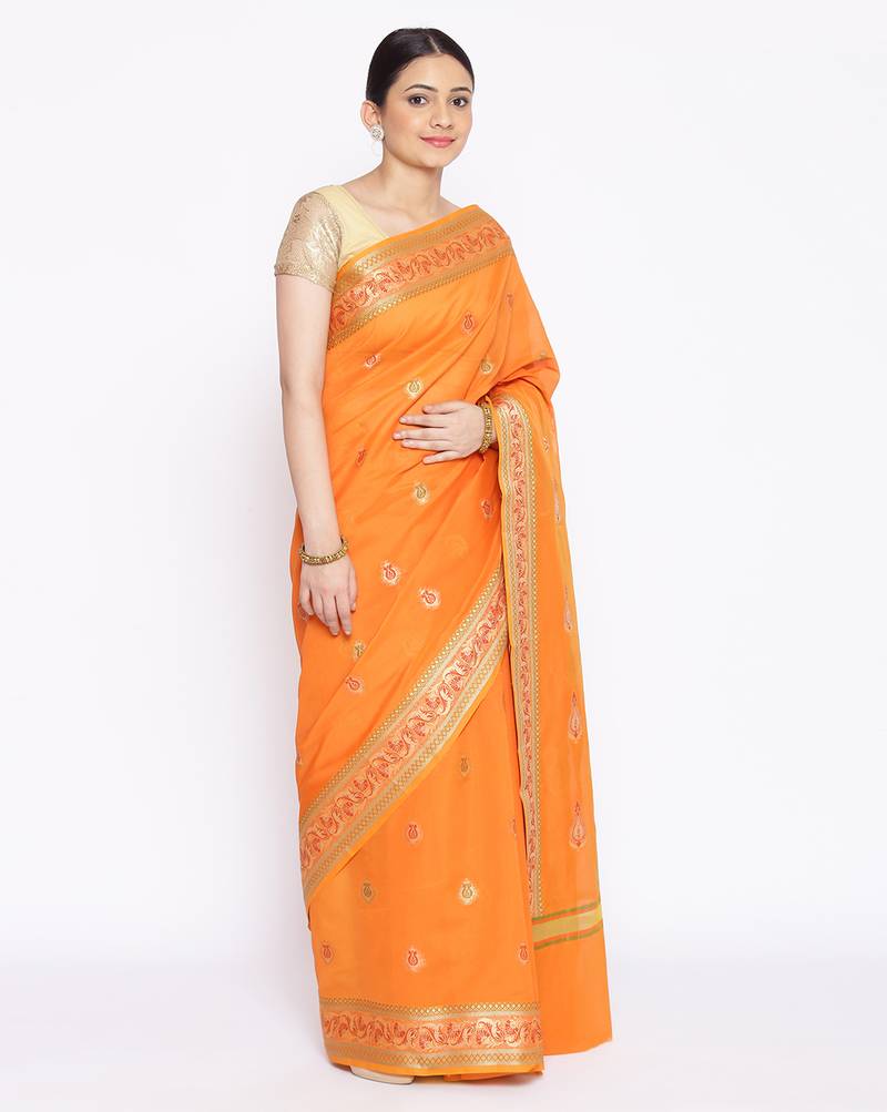 orange Silk Blend Banarasi Meena Boota Saree