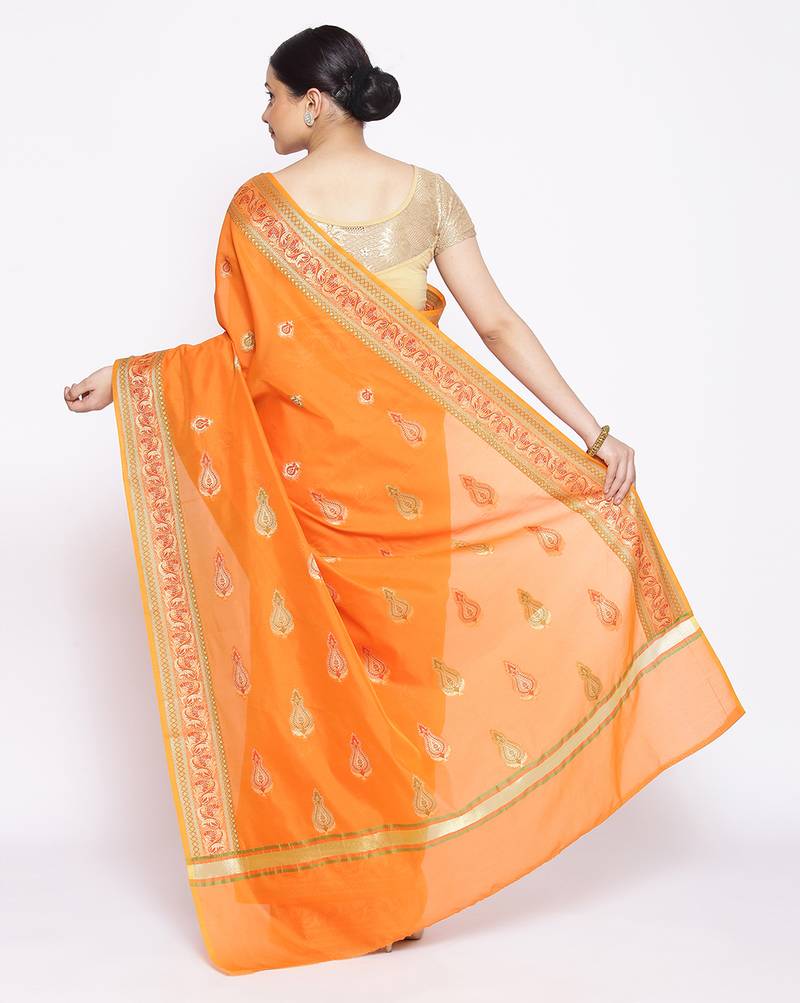 orange Silk Blend Banarasi Meena Boota Saree