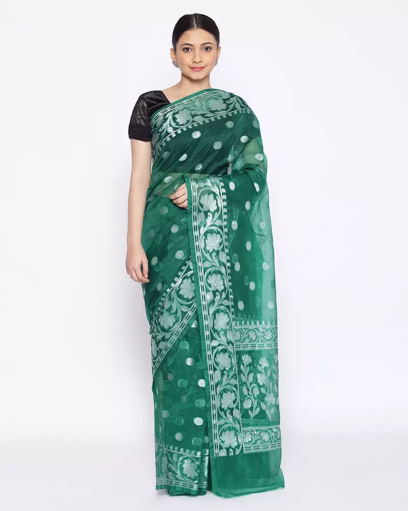 green Oraganza Silk Banarasi Rupa  Zari Booti  Saree