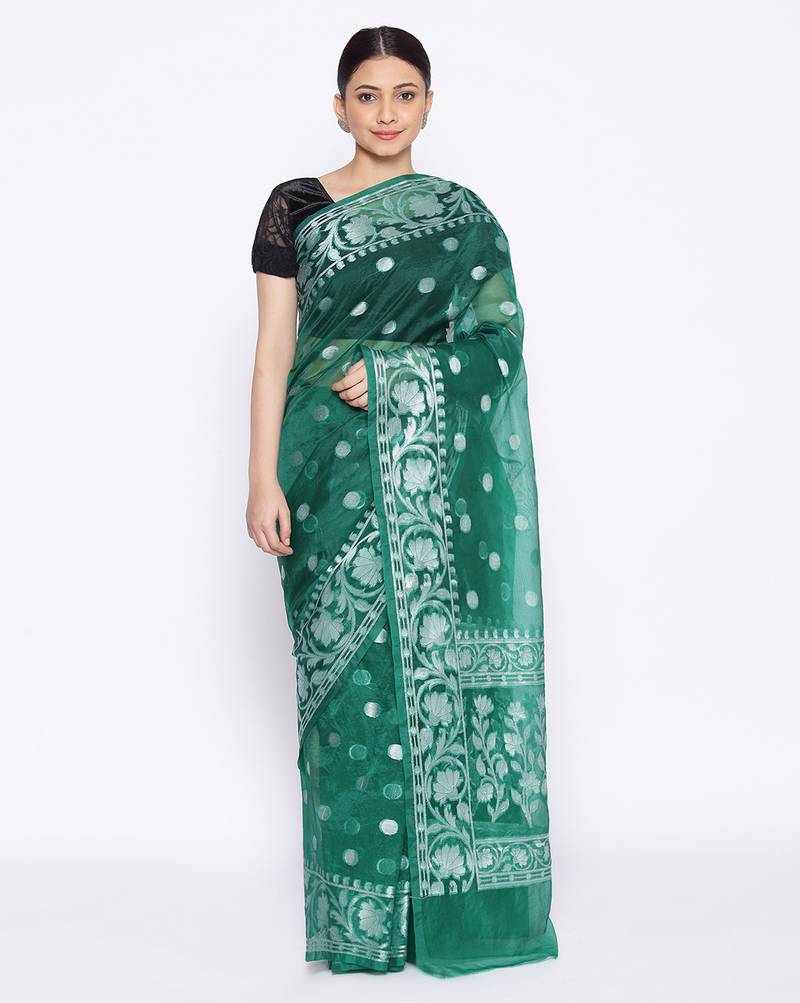 green Oraganza Silk Banarasi Rupa  Zari Booti  Saree