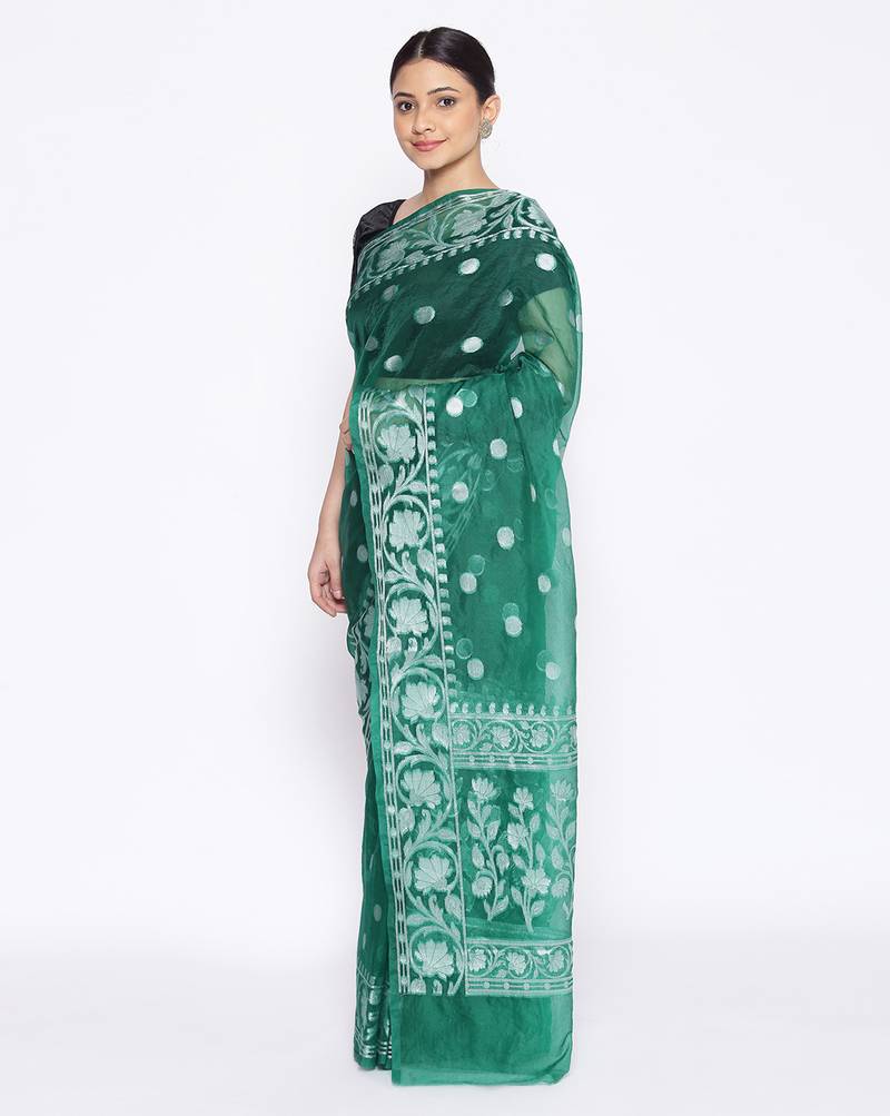 green Oraganza Silk Banarasi Rupa  Zari Booti  Saree