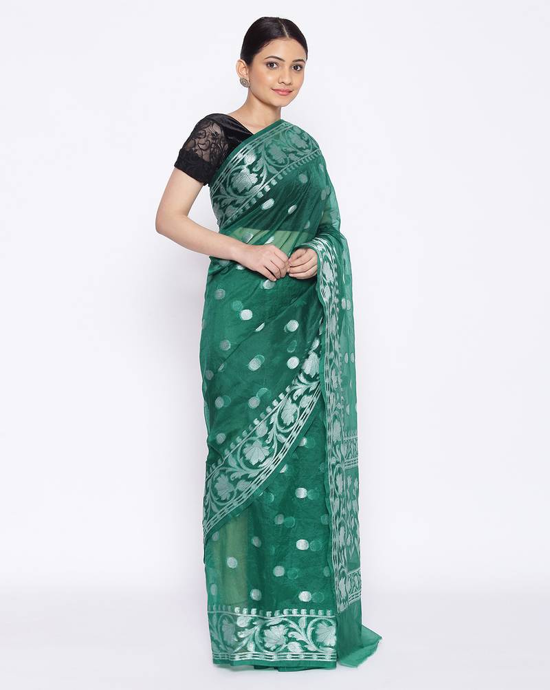 green Oraganza Silk Banarasi Rupa  Zari Booti  Saree