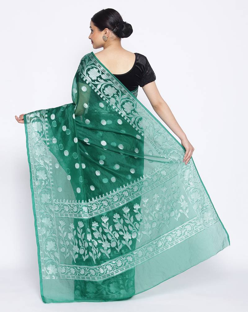 green Oraganza Silk Banarasi Rupa  Zari Booti  Saree