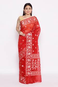 red Oraganza Silk Banarasi Rupa  Zari Booti  Saree