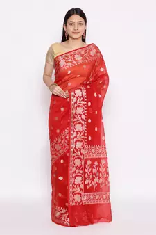 red Oraganza Silk Banarasi Rupa  Zari Booti  Saree