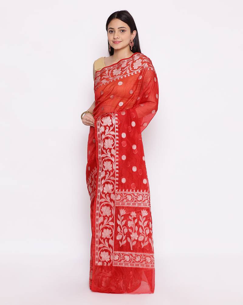 red Oraganza Silk Banarasi Rupa  Zari Booti  Saree