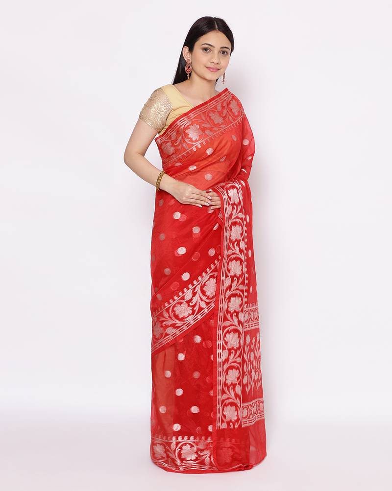 red Oraganza Silk Banarasi Rupa  Zari Booti  Saree