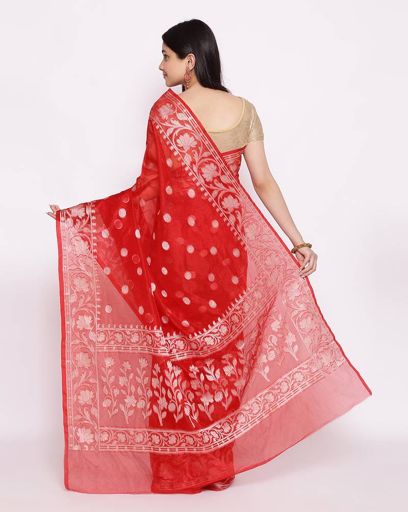 red Oraganza Silk Banarasi Rupa  Zari Booti  Saree