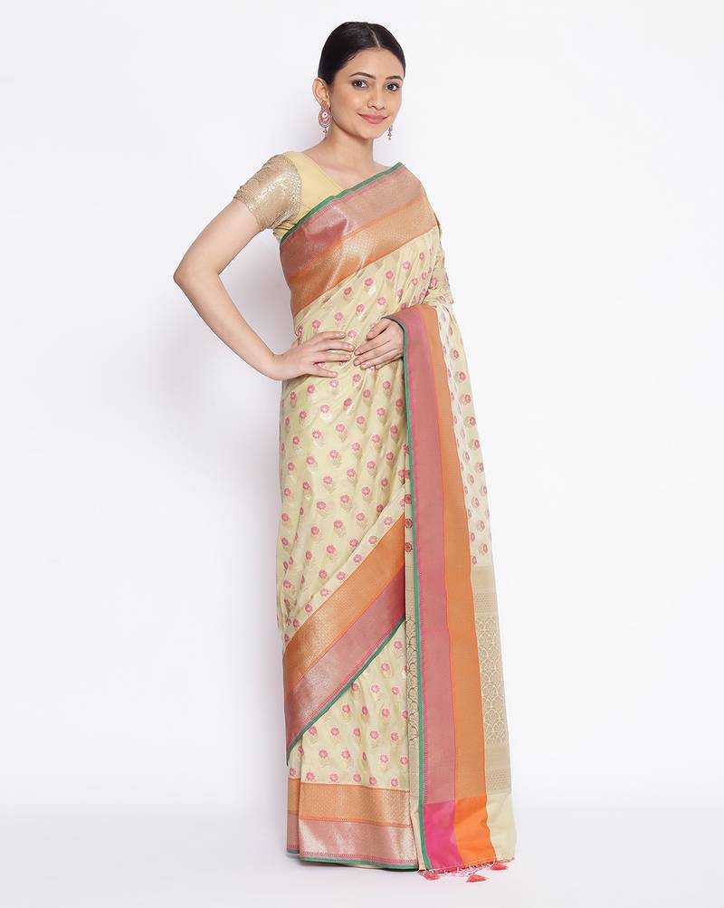 beige Kataan Silk Banarasi Meena Booti Saree