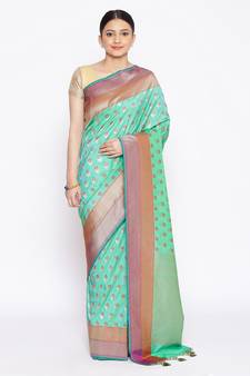 green Kataan Silk Banarasi Meena Booti Saree