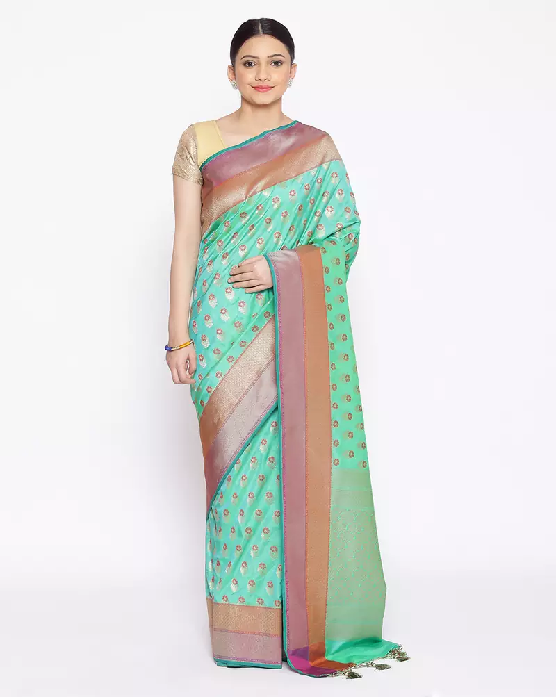 green Kataan Silk Banarasi Meena Booti Saree