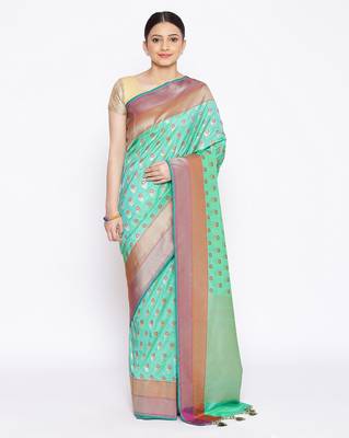 green Kataan Silk Banarasi Meena Booti Saree 1