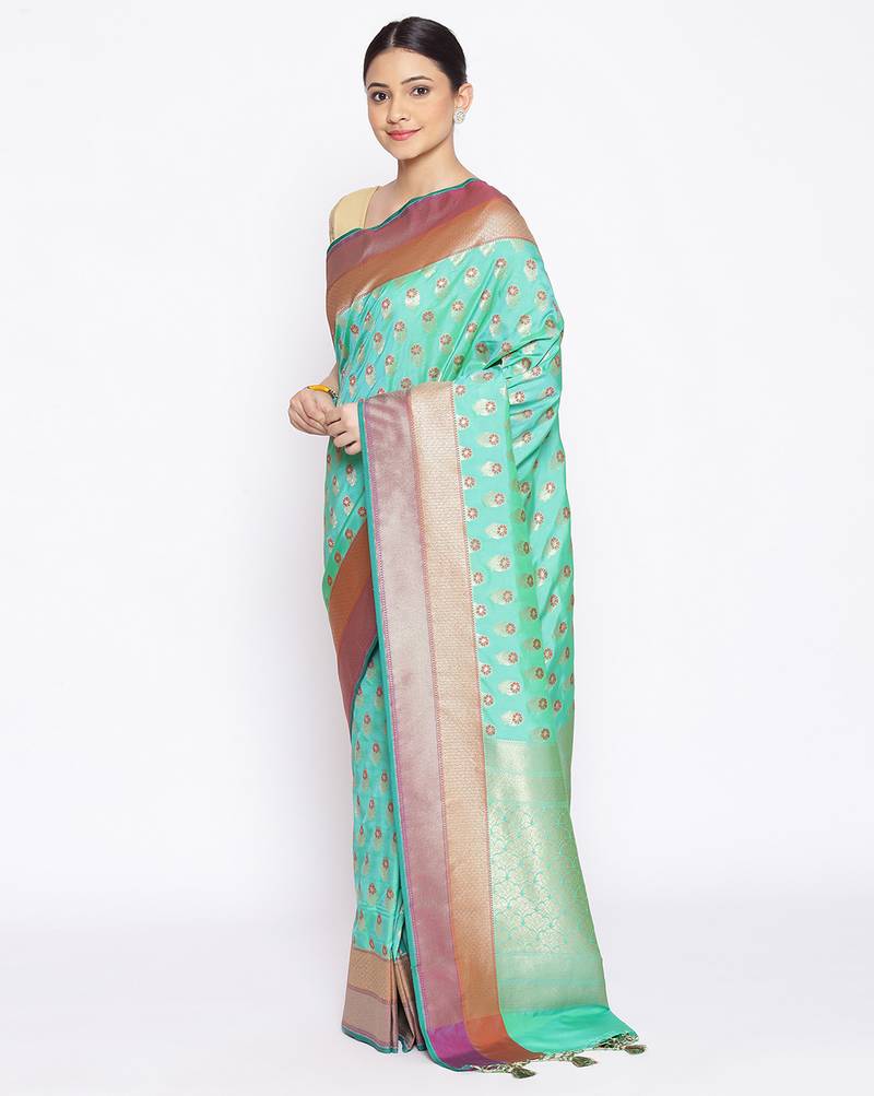 green Kataan Silk Banarasi Meena Booti Saree