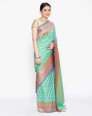 green Kataan Silk Banarasi Meena Booti Saree 3