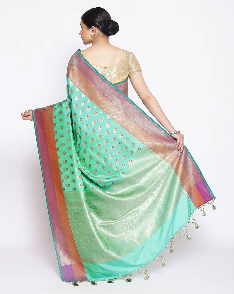 green Kataan Silk Banarasi Meena Booti Saree