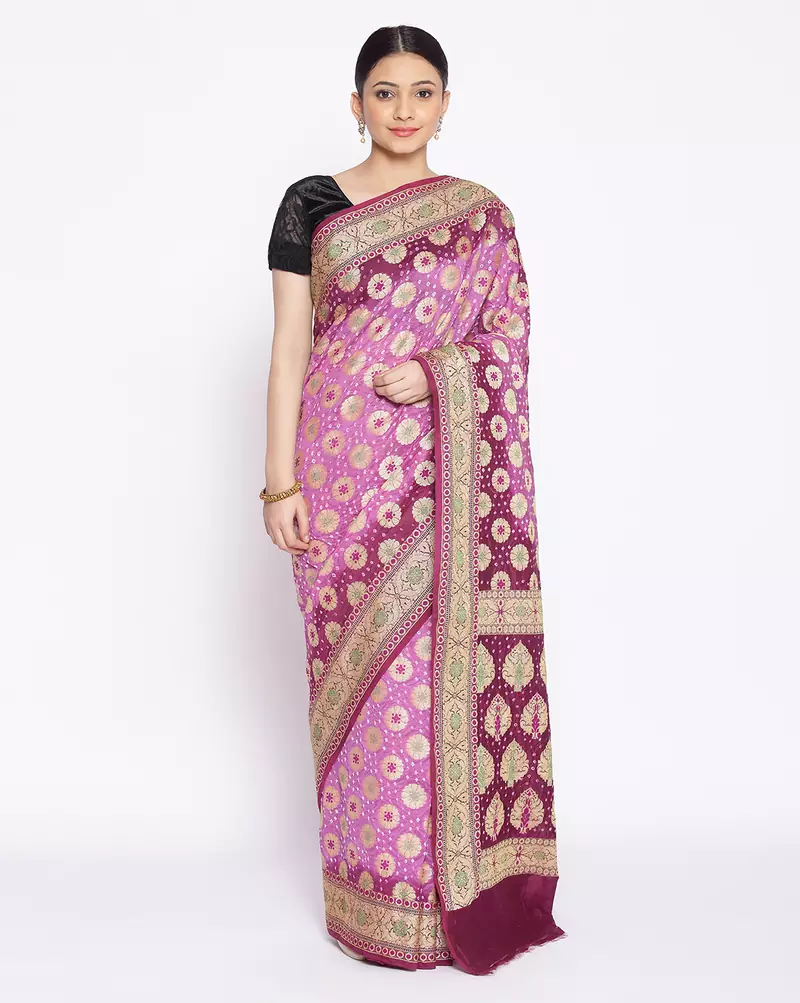 purple Banarasi Cotton Silk  Bandhej Saree