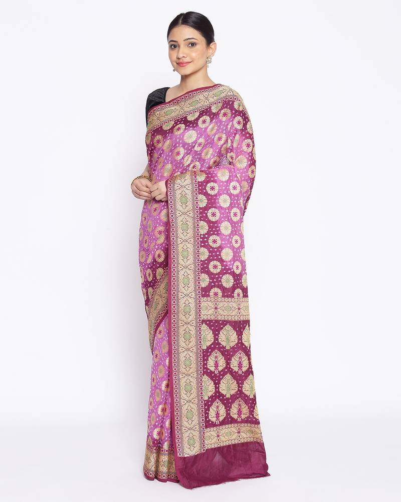 purple Banarasi Cotton Silk  Bandhej Saree
