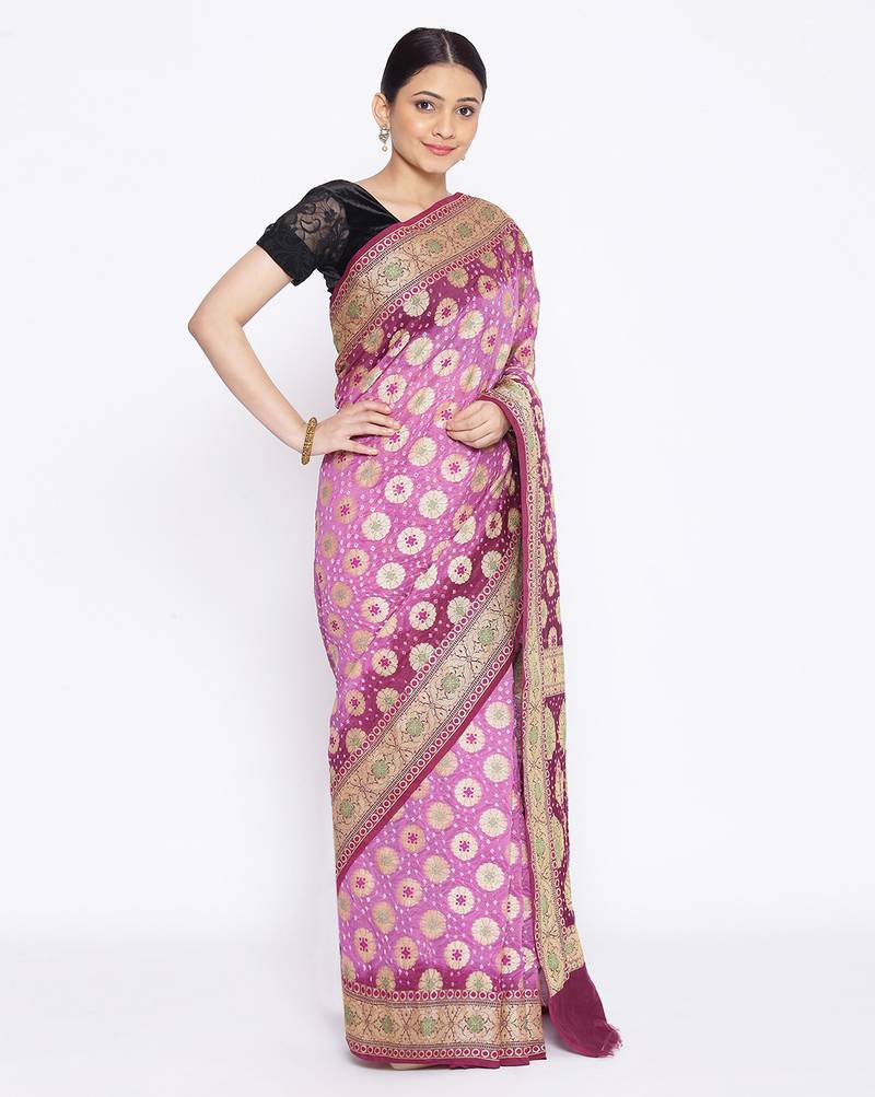purple Banarasi Cotton Silk  Bandhej Saree