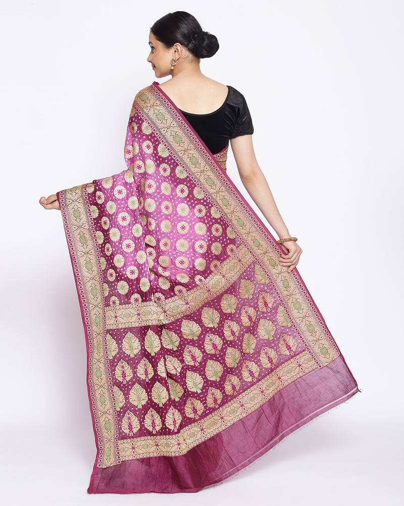 purple Banarasi Cotton Silk  Bandhej Saree