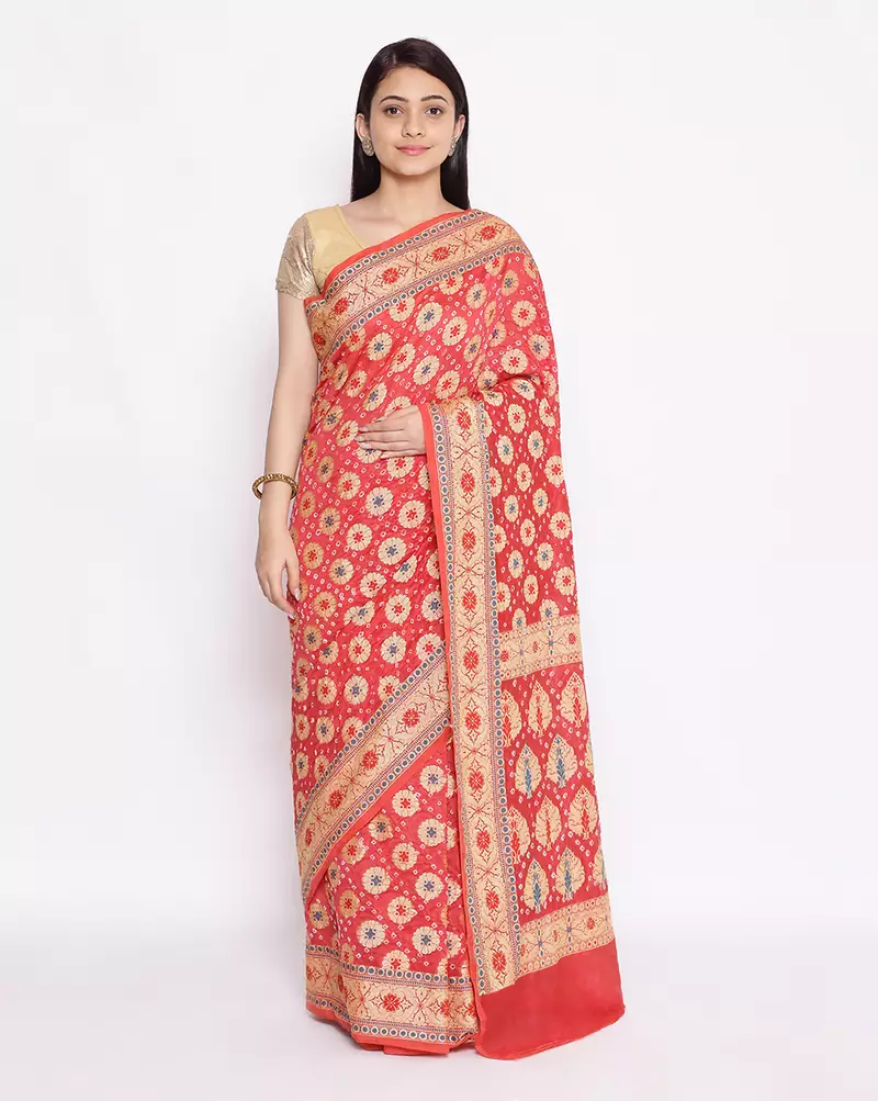 red Banarasi Cotton Silk  Bandhej Saree