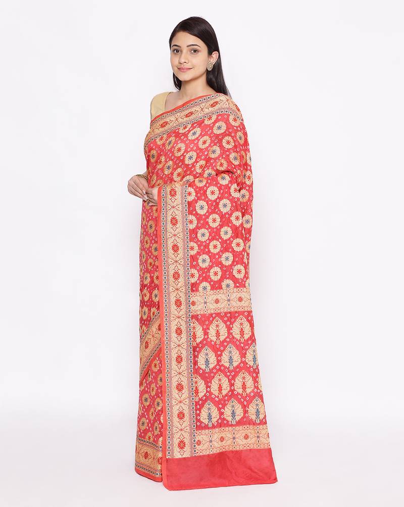 red Banarasi Cotton Silk  Bandhej Saree
