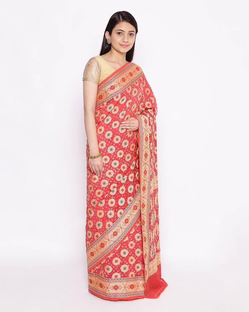 red Banarasi Cotton Silk  Bandhej Saree