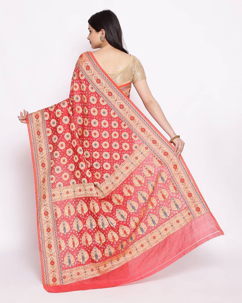 red Banarasi Cotton Silk  Bandhej Saree