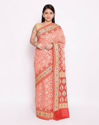 pink Banarasi Cotton Silk  Bandhej Saree 1