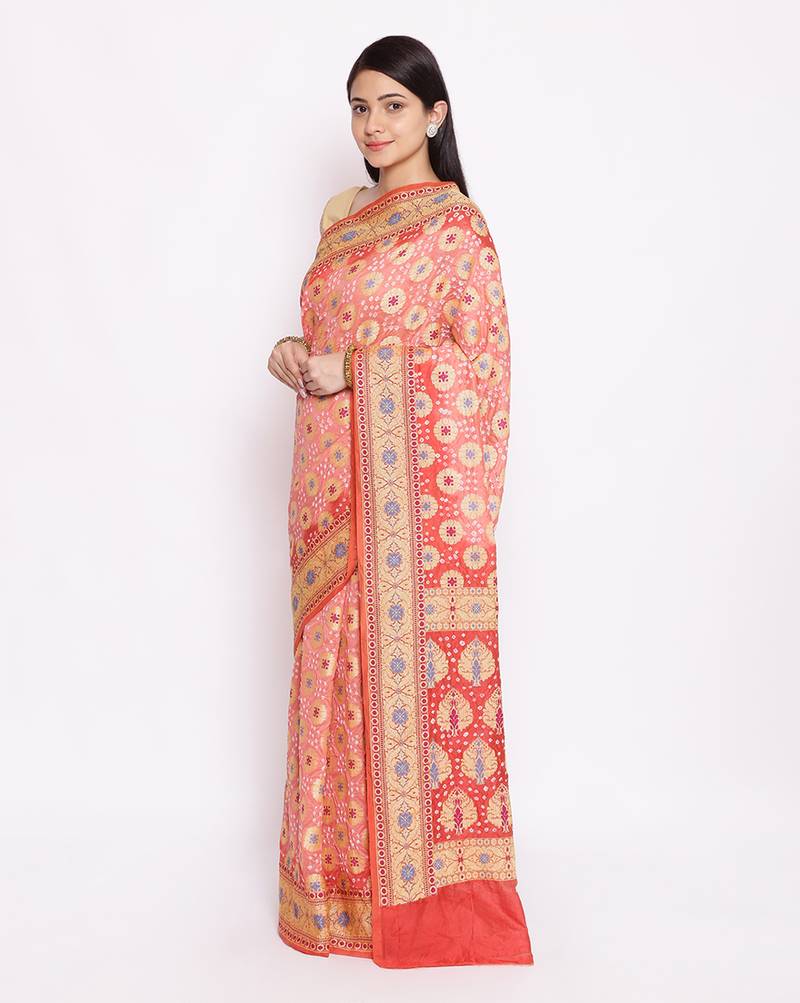 pink Banarasi Cotton Silk  Bandhej Saree
