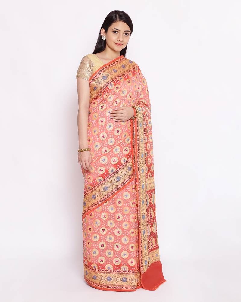 pink Banarasi Cotton Silk  Bandhej Saree
