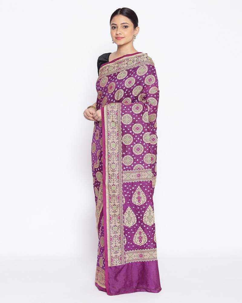 purple Banarasi Cotton Silk  Bandhej Saree