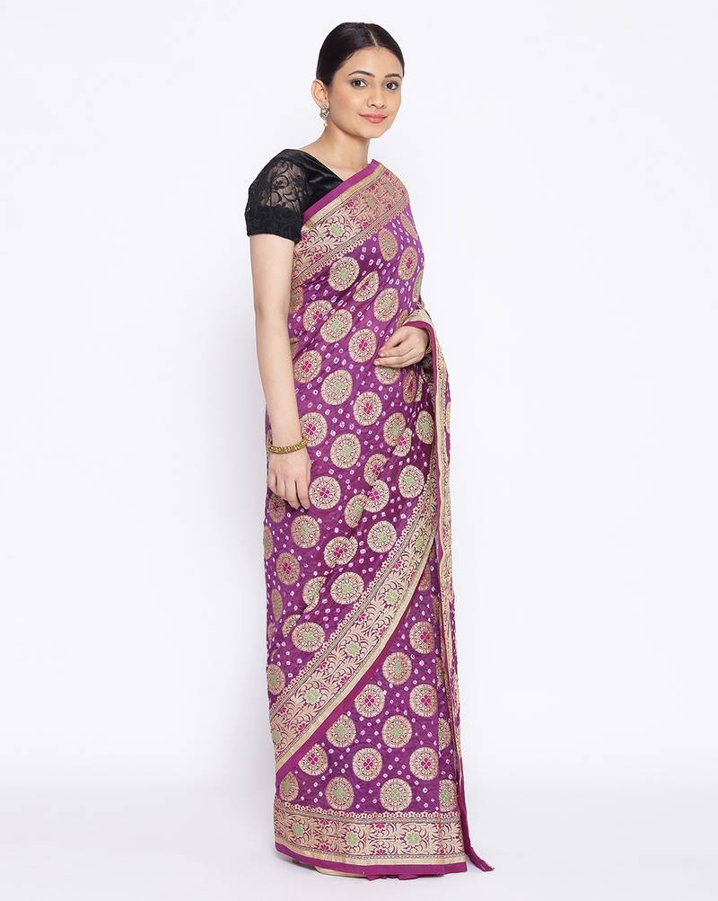 purple Banarasi Cotton Silk  Bandhej Saree