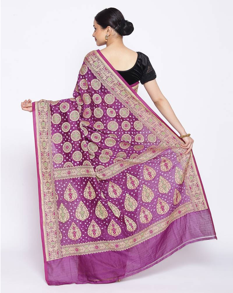 purple Banarasi Cotton Silk  Bandhej Saree