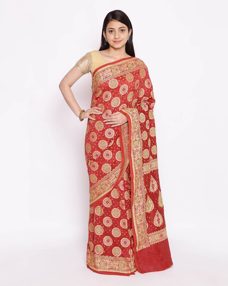red Banarasi Cotton Silk  Bandhej Saree