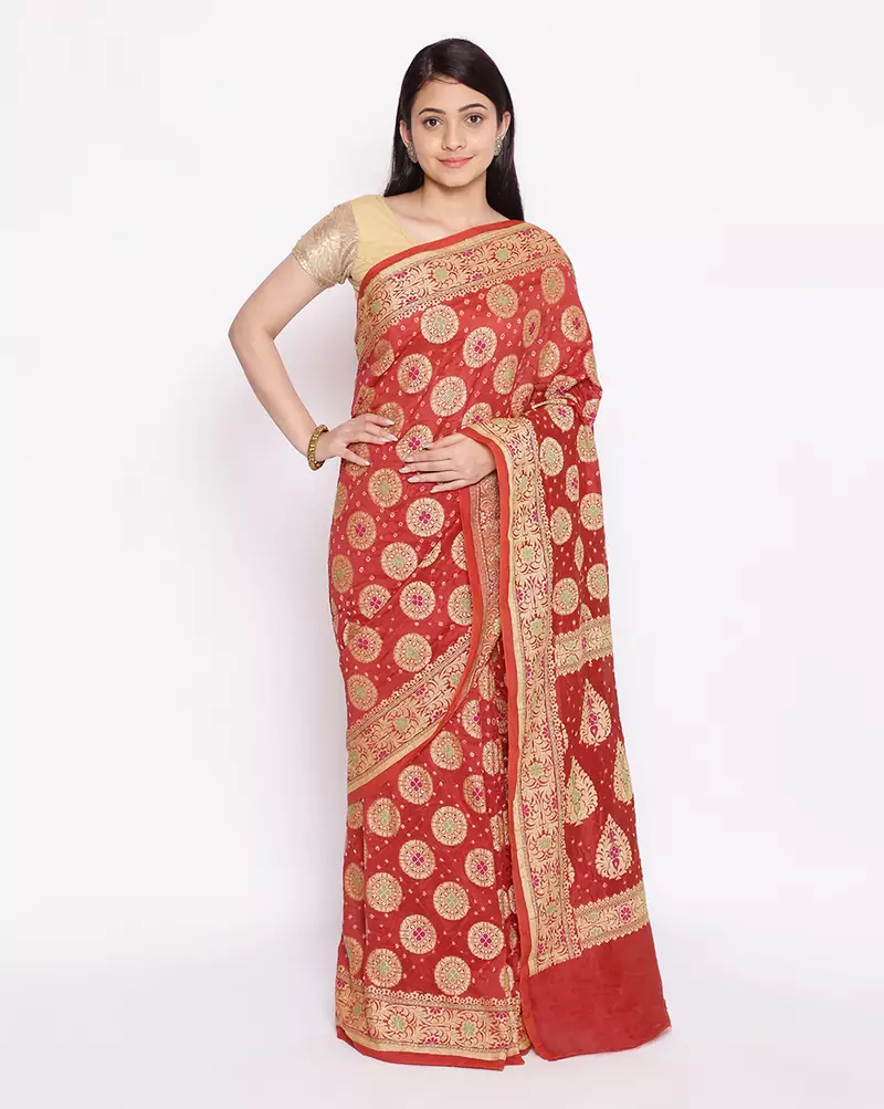 red Banarasi Cotton Silk  Bandhej Saree