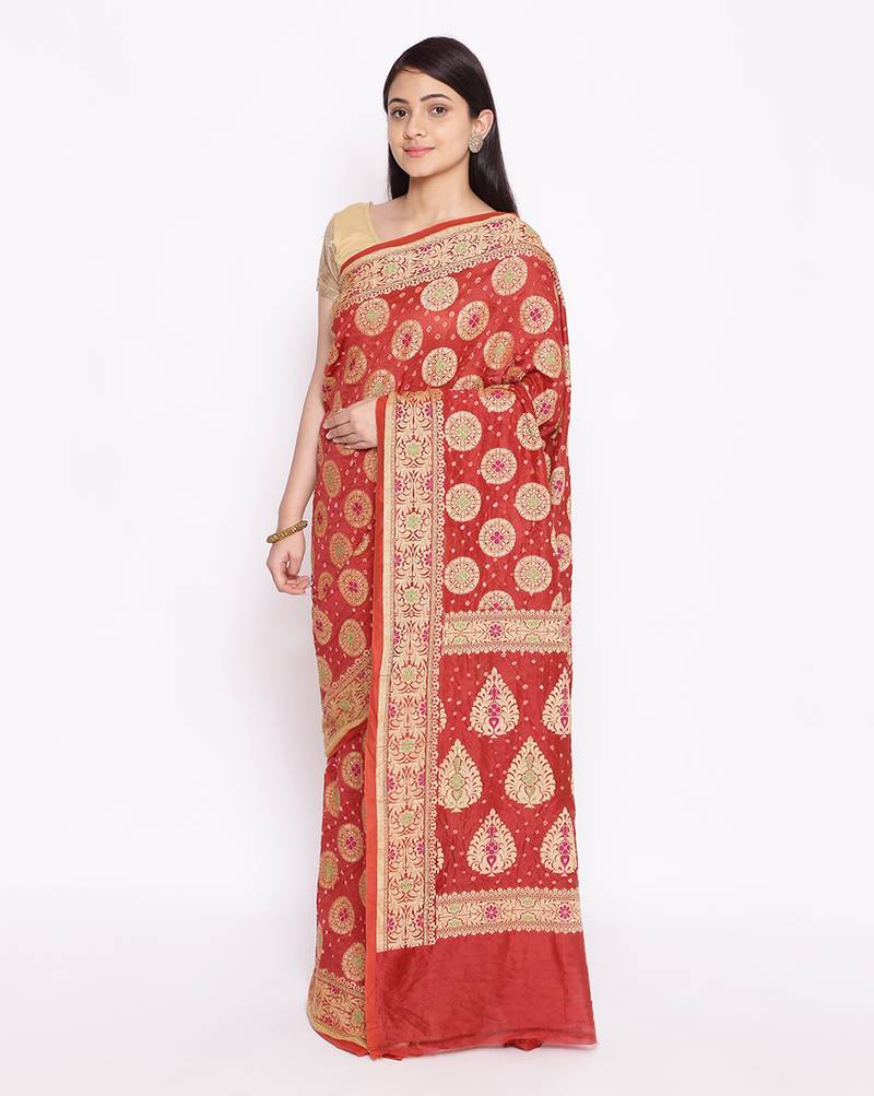 red Banarasi Cotton Silk  Bandhej Saree