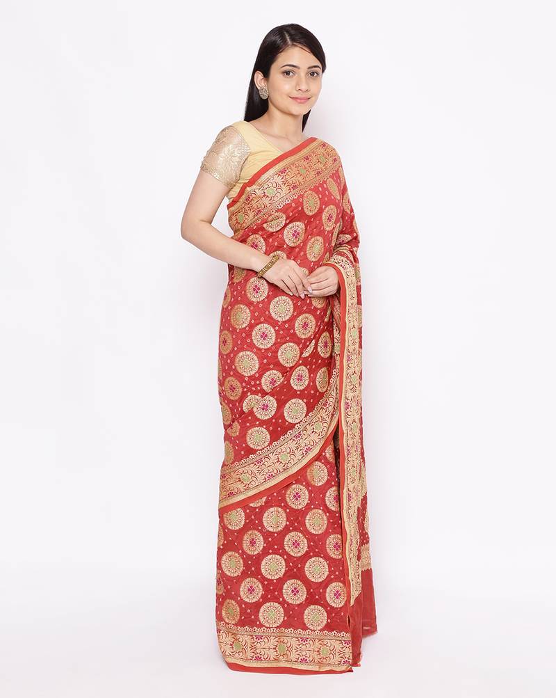 red Banarasi Cotton Silk  Bandhej Saree