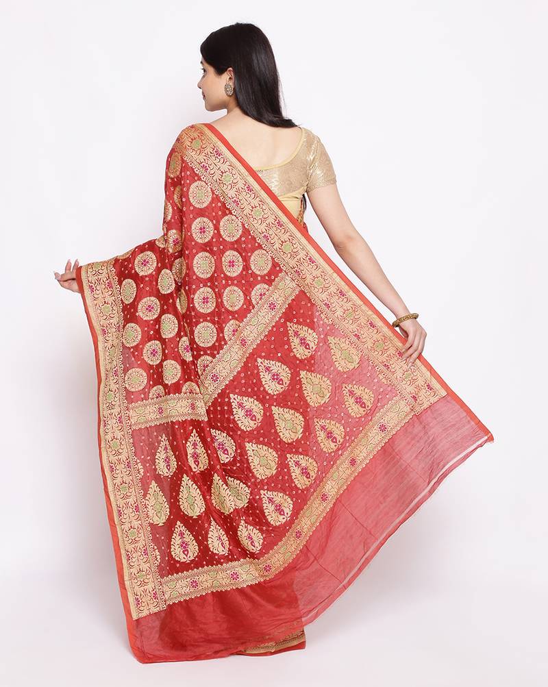 red Banarasi Cotton Silk  Bandhej Saree