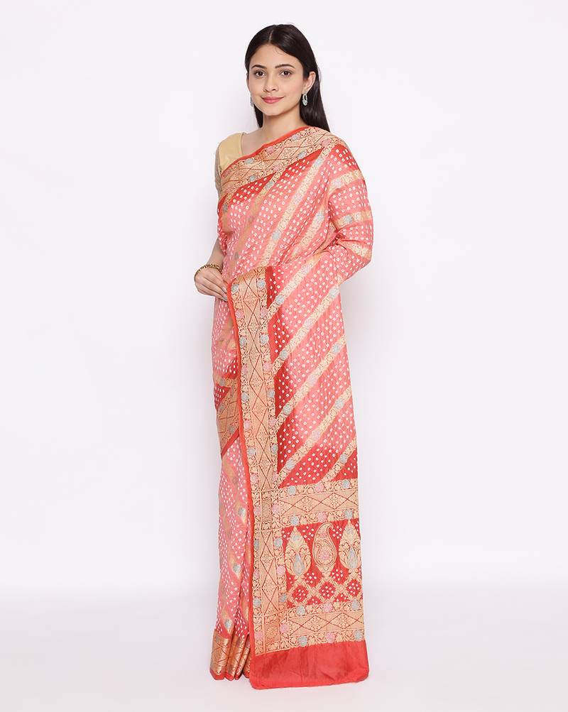 pink Banarasi Cotton Silk  Bandhej Saree